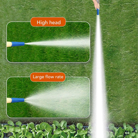 No Strings Attached Cordless Lithium-Ion Submersible Water Transfer Pump Workhorse with 120L/H Flow and 5m Head Fits 18V Batteries for Garden Pool Sump with 19mm Outlet spraying high flow rate on grass.