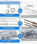 Comparison of All In One Pop Rivets With Washers Kit showing organized rivets vs others with rust and mangled condition.