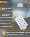 Quad Tube Plug In CFL Lamp 27W 1500 Lumens 6500K Daylight shown with GX10q4 base ideal for reading lamps and office use