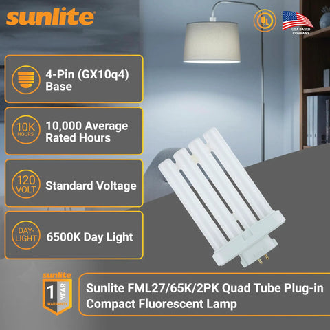Quad Tube Plug In CFL Lamp 27W 1500 Lumens 6500K Daylight shown with GX10q4 base ideal for reading lamps and office use