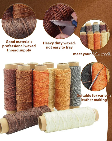 Close-up of waxed threads in Leather Working Starter Kit For Beginners With Waxed Thread Groover Awl Stitching Punch And Storage Bag.