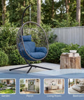 Hanging Egg Chair With Stand for Indoor And Outdoor Relaxation Waterproof PE Rattan Swing Seat with Blue Cushions in Garden