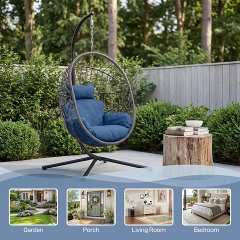 Hanging Egg Chair With Stand for Indoor And Outdoor Relaxation Waterproof PE Rattan Swing Seat with Blue Cushions in Garden