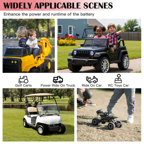Children playing with ride-on toys and RC cars powered by 2 Pack 12V Battery Adapter For Power Wheels With Switch, Fuse, 12AWG Wire.