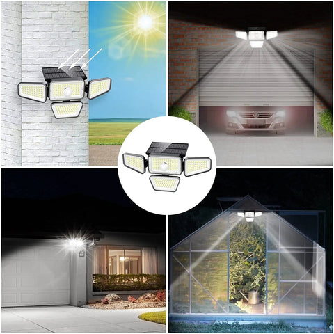 Cordless Outdoor Solar Flood Lights With 270 LED And 3000LM Motion Sensor IP65 Waterproof 4 Heads 3 Modes in various setups