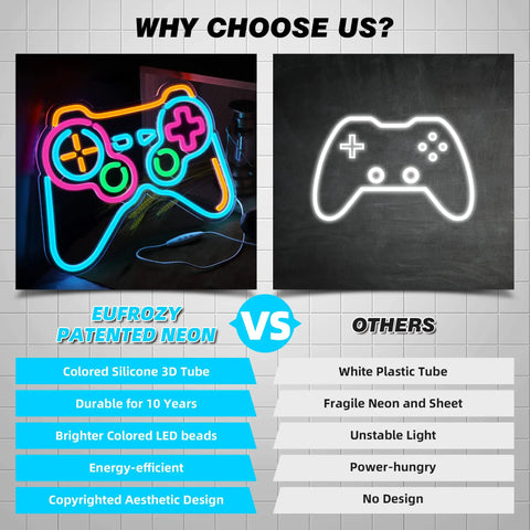 Comparison of lit blue gamepad neon sign versus plain white one, highlighting colored silicone and LED features for gaming rooms.
