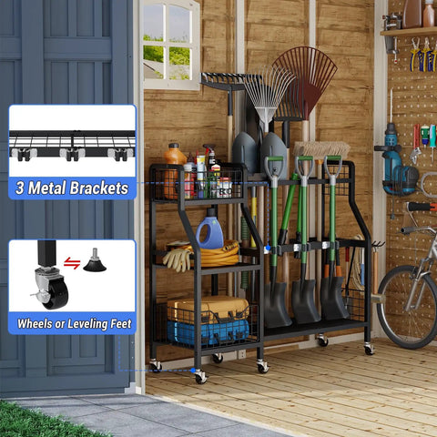 Heavy Duty Garden Tool Organizer On Wheels With Six Wheels Three Lockable And Two Baskets Large Metal Garage Tool Storage