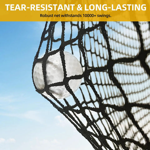 Golf Hitting Net With Thick 32mm Steel Frame 7x7ft Heavy Duty Practice Net showing ball caught in high-tension netting