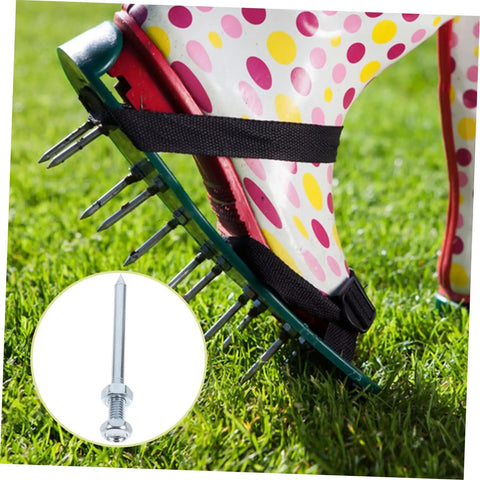 Close-up of foot wearing Ten Piece Lawn Aerator Shoes With Metal Spikes For Deep Soil Aeration And Healthier Grass Growth.