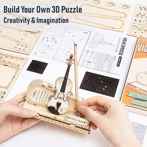 One Fifth Scale Violin 3D Wood Puzzle Kit With Bow And Stand Capriccio Model For Desk Decor Dope Collectible Gift For Men Women Adults Hobbyists Realistic Details Durable Wood Craft assembled