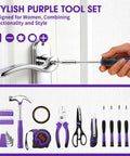 General Household Tool Set For Women And DIYers With A Purple Hand Tool Kit shown with tools like hammer, pliers, and screwdriver