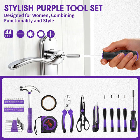 General Household Tool Set For Women And DIYers With A Purple Hand Tool Kit shown with tools like hammer, pliers, and screwdriver