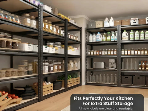 Hella Tough 5 Tier Metal Storage Rack With Fully Adjustable Shelves And 2000 Pound Capacity storing kitchen supplies and organized bins.