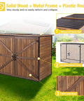 Outdoor Storage Cabinet And Trash Can Shed With Metal Frame And Solid Wood Panels, durable garden organizer shown outdoors.