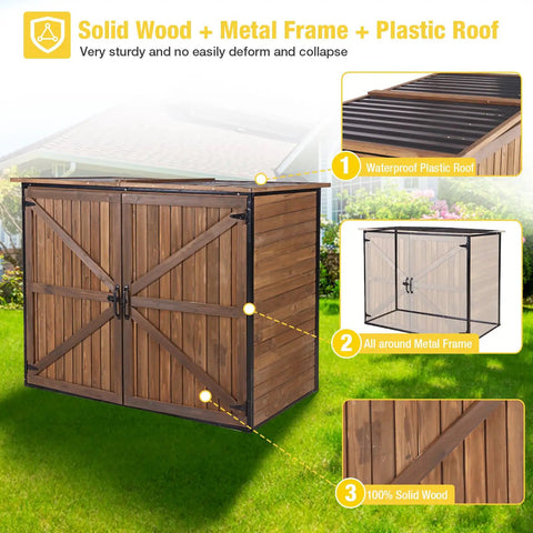 Outdoor Storage Cabinet And Trash Can Shed With Metal Frame And Solid Wood Panels, durable garden organizer shown outdoors.