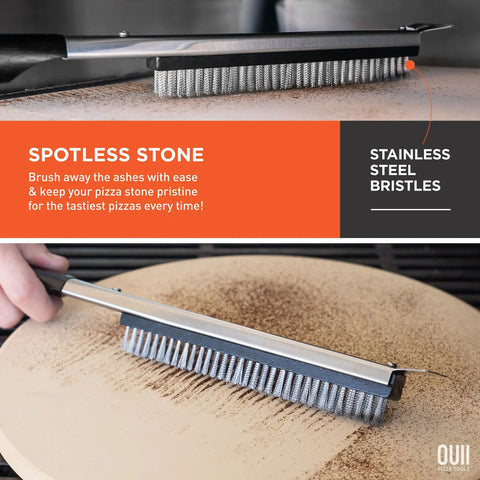 Close-up of 26 Inch Pizza Oven Brush With Stone Scraper Set Includes Two Brush Heads Heat Resistant Stainless Steel Bristles Long Grip Handle