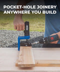 Pocket Hole Jig 520PRO with easy clamping and adjusting, 360 degree rotating handle in use on a piece of wood outdoors.