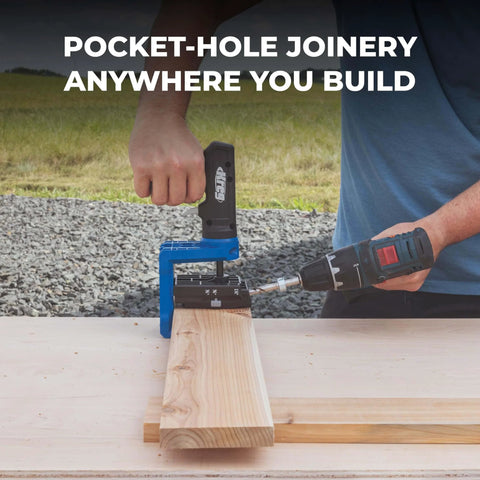 Pocket Hole Jig 520PRO with easy clamping and adjusting, 360 degree rotating handle in use on a piece of wood outdoors.