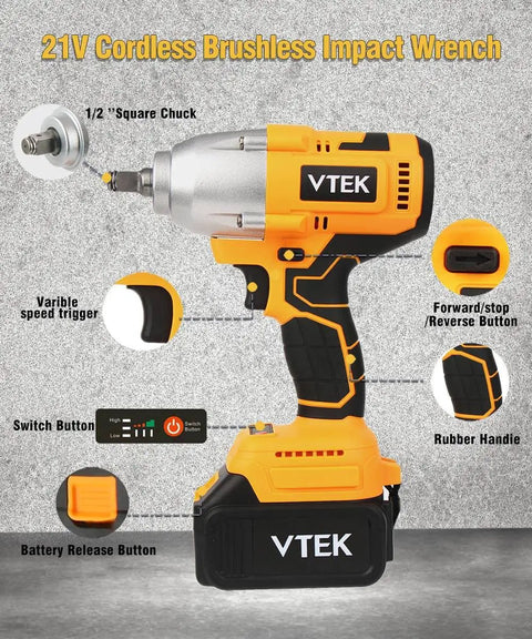 Cordless Brushless Half Inch Chuck Impact Wrench With 700 Nm Breakaway Torque and 515 Ft Lbs Max 3600 IPM And 2800 RPM