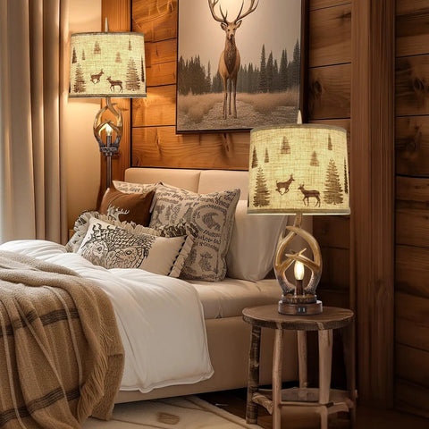 Rustic Farmhouse Antler Table Lamp Set Of 2 With Nightlight And Dual USB Ports in cozy bedroom setting with linen round shades
