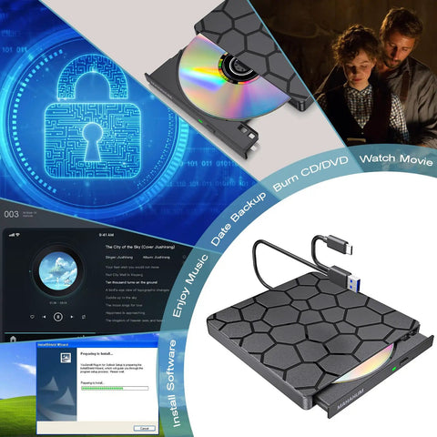 Go To External CD DVD Drive For Laptops With USB 3.0 And Type C 2 In 1 Portable CD Burner And DVD Player Plug And Play CD Reader Writer For MacBook Pro Air Windows 11 10 7 Linux Ultra Slim Optical Drive, black slim external drive with USB-C cable