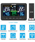 Wireless Weather Station With Outdoor Sensor for indoor and outdoor temperature and humidity alerts, color LCD display, dimensions shown