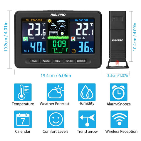 Wireless Weather Station With Outdoor Sensor for indoor and outdoor temperature and humidity alerts, color LCD display, dimensions shown