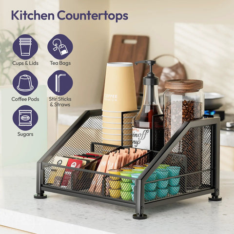 Countertop Coffee Bar Organizer With Tiered Shelves Space Saving K Cup Holder And Pod Storage For Pods Sugar Syrup Cups Stirrers