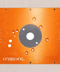 Router Table Insert Plate Template Kit With MDF Routing Template And Threaded Inserts Plus Router Bits For 9-1/4 x 11-3/4 Standard Plates RTS020 shown in orange metal with measurement markings.