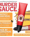 Front view of Murder Sauce tube for beekeeping with hive and bees illustration, labeled as natural and effective for hive beetle control.