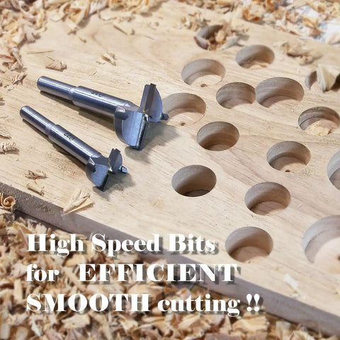 Top Tier 21 Piece Forstner Bit Set Made For No Sweat Drilling On Any Project With Carbide Tipped Wood Drill Bits Covering Metric Sizes 10 To 42 Mm Round Shank And Quick Snap Depth Rings laid next to drilled wooden board.