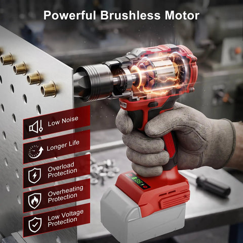 Heavy Duty Brushless Cordless Rivet Nut Gun And Tapping Wrench Set Featuring Six Swappable Imperial Metric Inserts For Grease Monkey Approved Auto Fabrication Projects Tool Only, showing powerful motor.