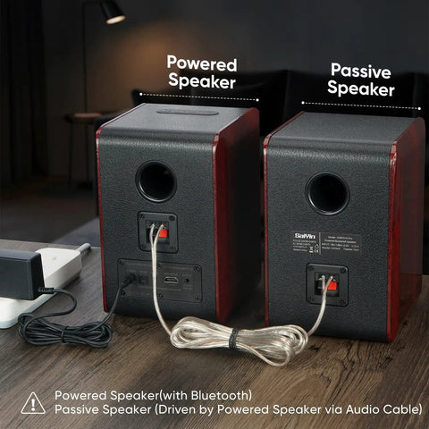 Rear view of powered and passive Bluetooth bookshelf speakers, showing cable connections and outlets on wooden table.
