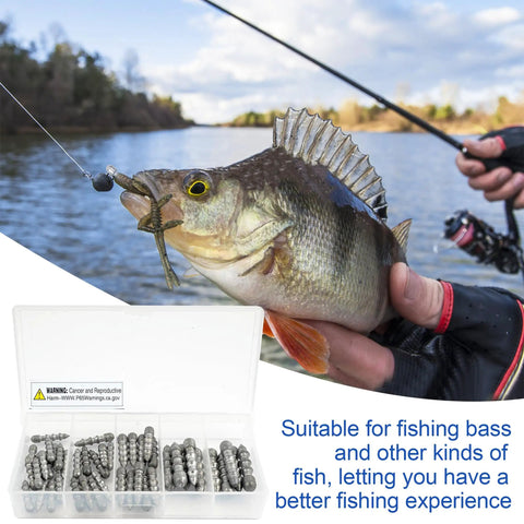 Pro Grade Nail Weights Kit For Bass Fishing 45 Piece Pencil Sinker Set For Soft Plastic Lures on display with caught fish