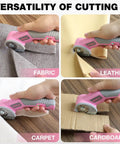 Shall 4V Cordless Electric Scissors With Safety Lock And Led Light cutting fabric, leather, carpet, and cardboard.