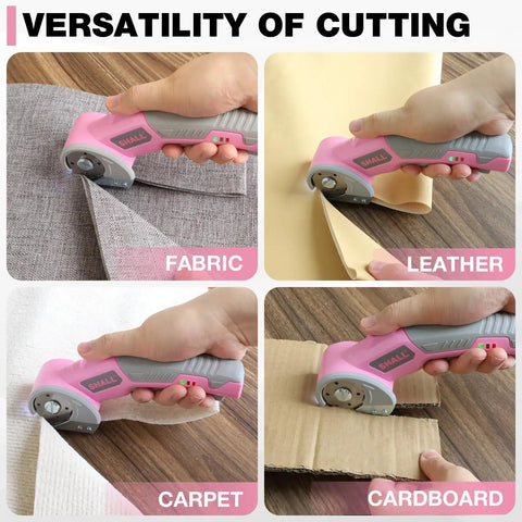 Shall 4V Cordless Electric Scissors With Safety Lock And Led Light cutting fabric, leather, carpet, and cardboard.