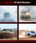 Cars driving through snow, water, mud, and dirt illustrating vehicle endurance in harsh weather conditions.