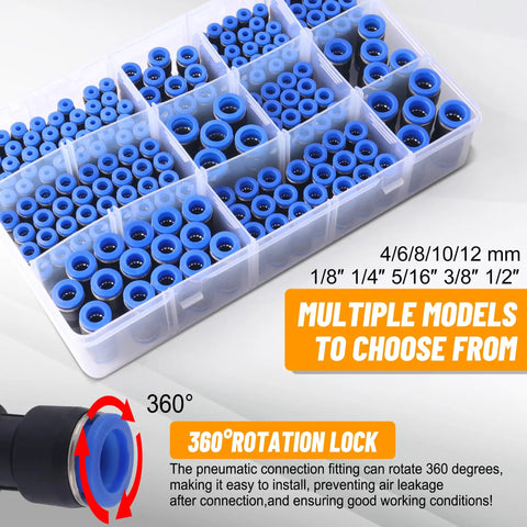 Box of 200 Piece Quick Connect Air Hose Fittings Value Pack With Imperial And Metric Sizes From 1/8 To 1/2 Inch And 4 To 12 mm