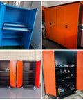 Heavy Duty Storage Cabinet With Built In Tool Drawer And Adjustable Shelves, Built To Last Reinforced Steel Construction For Tough Workshops, Keeps Screws Bits Tape Measures And Small Hardware Organized And Ready For Grab And Go Use. orange steel cabinet on casters with open shelves and pegboard doors