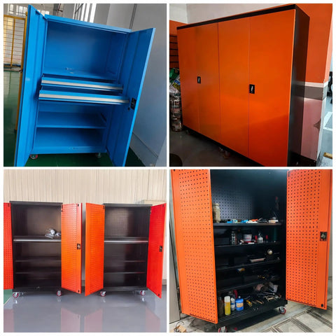 Heavy Duty Storage Cabinet With Built In Tool Drawer And Adjustable Shelves, Built To Last Reinforced Steel Construction For Tough Workshops, Keeps Screws Bits Tape Measures And Small Hardware Organized And Ready For Grab And Go Use. orange steel cabinet on casters with open shelves and pegboard doors