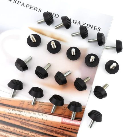 20 Pack M6 Thread Patio Levelers For Adjustable Furniture Feet With Slip Resistant Bottoms Displayed On A Magazine