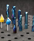 General Purpose CNC Router Bit Set One Quarter Inch Shank Nano Blue Coated Ten Piece Collection displayed on a foam pad