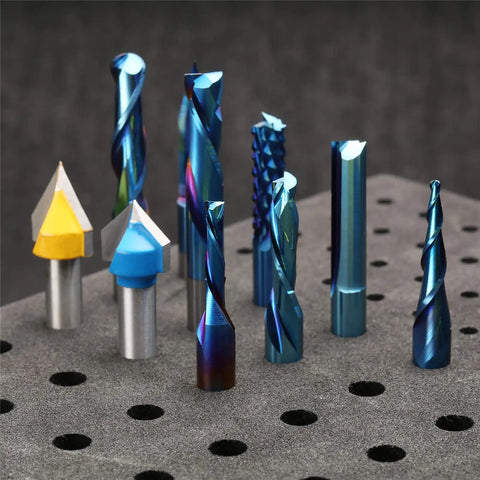 General Purpose CNC Router Bit Set One Quarter Inch Shank Nano Blue Coated Ten Piece Collection displayed on a foam pad