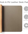 Dual Sided Desk Mat With Leather And Cork Surface For Office Or Home, Large Mouse Pad And Writing Pad, Premium Desk Protector That Keeps Your Setup Slick, Eco Friendly Cork Backed, 25.6 By 13.7 Inches, showing water-resistant and easy to clean features