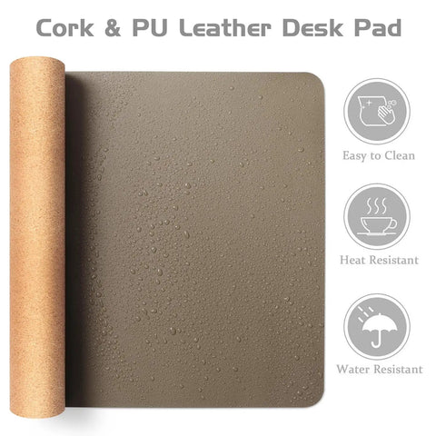 Dual Sided Desk Mat With Leather And Cork Surface For Office Or Home, Large Mouse Pad And Writing Pad, Premium Desk Protector That Keeps Your Setup Slick, Eco Friendly Cork Backed, 25.6 By 13.7 Inches, showing water-resistant and easy to clean features