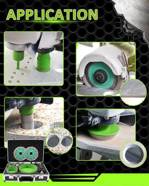 Tile Hole Saw Kit 14 Piece Diamond Core Drill Bit Set For Porcelain Ceramic Marble Brick Granite in use on various surfaces.
