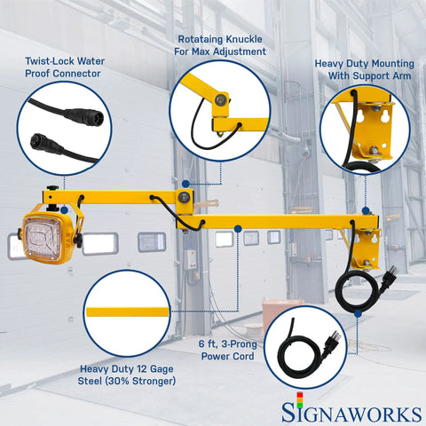 Close-up of Heavy Duty Led Loading Dock Swing Arm Light 2 Pack, yellow support arm, waterproof connector, and power cord.