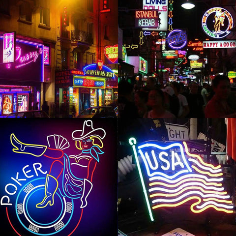 Lit 360 Degree Neon LED Light Strip displays vibrant neon colors in urban night scenes with various signs and figures