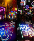Vibrant city nightlife featuring neon signs with various designs including poker and USA flag themes.