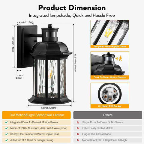 Motion Sensor Outdoor Porch Lights Modern Black Exterior Wall Mount Sconces With Ripple Glass 100 Percent Aluminum Anti Rust Waterproof Design For Garage Entryway Dusk To Dawn Sensor Adjustable Brightness And Easy No Fuss One Button Control